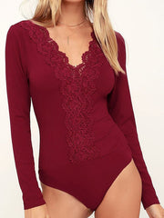 Bodysuit Black White Wine Plain Lace Long Sleeve Casual Basic V Neck Cotton S for Women