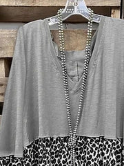 Blouse Gray Leopard Color Block Print Long Sleeve Daily Vacation Basic Casual V Neck Plus Size L for Women