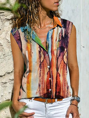 Blouse Orange Graphic Button Print Sleeveless Casual Weekend Basic Shirt Collar Regular S for Women