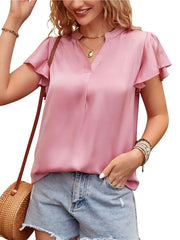 Blouse Satin Ruffle Solid / Plain Color Basic Y Neck Flutter Sleeve Summer grey blue Lake Green pea green Black Champagne for Women