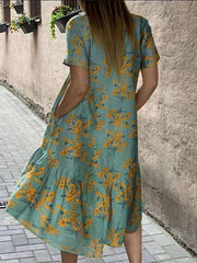 Lightgreen Short Sleeve Crew Neck Cotton-Blend Swing Dresses