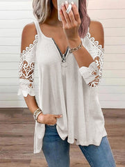Blouse Lace Zipper Solid Color Lace Basic Standard Summer Black White Pink Red for Women