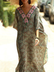 Boho Dress Cover Up Beach Wear Long Dress Maxi Dress Dolman Print Ethnic Casual Floral V Neck 3/4 Length Sleeve Loose Fit Outdoor Daily Green Summer Spring One Size for Women