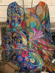 Blouse Yellow Blue Purple Tie Dye Plain Patchwork Print Long Sleeve Daily Going out Streetwear Crewneck Regular Loose Fit Plus Size Dolman Sleeve L for Women