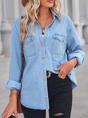 Blouse Button-Down Solid / Plain Color Classic Shirt Collar Regular Spring & Fall Light Blue for Women