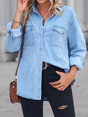 Blouse Button-Down Solid / Plain Color Classic Shirt Collar Regular Spring & Fall Light Blue for Women