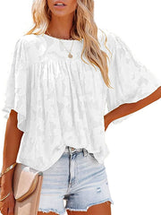 Blouse T shirt Lace Jacquard Flower / Floral Tropical Round Neck Regular Summer Light Purple White Black Yellow Light Blue for Women
