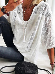 Blouse Lace Patchwork Solid Color Basic Boho U Neck Lace-up Spring & Fall Black White Yellow Light Blue Grey for Women