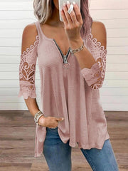 Blouse Lace Zipper Solid Color Lace Basic Standard Summer Black White Pink Red for Women