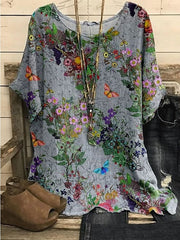Blouse Print Floral Daily Round Neck T-shirt Sleeve Standard Summer Pink Blue Dark Blue Grey for Women