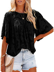 Blouse T shirt Lace Jacquard Flower / Floral Tropical Round Neck Regular Summer Light Purple White Black Yellow Light Blue for Women