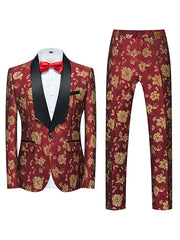 Black White Pink Men's Party Prom Tuxedos 2 Piece Shawl Collar Floral Slim Fit Single Breasted One-button