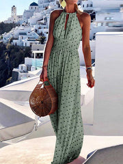 Boho Dress Long Dress Maxi Dress Halterneck Dress Green Blue Khaki Sleeveless Floral Cut Out Spring Summer High Neck S M L XL for Women