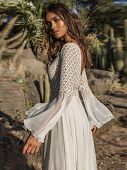 Boho Dress Cover Up Beach Wear Long Dress Maxi Dress Mesh Patchwork Fashion Modern Plain V Neck Long Sleeve Loose Fit Outdoor Daily White Summer Spring One Size for Women