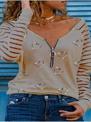 Blouse Pink Khaki Dark Gray Heart Zipper Long Sleeve Daily Going out Casual V Neck Loose Fit S for Women