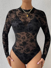 Bodysuit Black Floral Lace Long Sleeve Beach Sexy Round Neck Floral S for Women