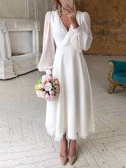 Bridal Shower Little White Dresses Wedding Dresses Ankle Length A-Line Long Sleeve V Neck Chiffon With Solid Color Bridal Gowns