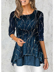 Blouse Wine Blue Purple Graphic Print 3/4 Length Sleeve Daily Going out Casual Crew Neck Regular L for Women