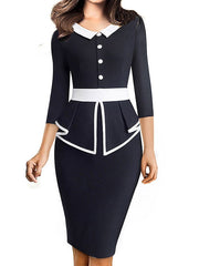 Blazer Dress A Line Dress Church Dress Midi Dress Black White 3/4 Length Sleeve Striped Ruched Fall Winter Autumn Shirt Collar Work Slim S M L XL XXL for Women