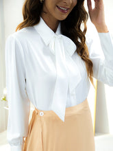 Blouse White Red Light Brown Plain Sparkly Lace up Long Sleeve Work Daily Streetwear Shirt Collar Regular Silk Like Satin S for Women