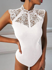 Bodysuit Black White Pink Plain Lace Patchwork Sleeveless Casual Daily Basic Round Neck S for Women