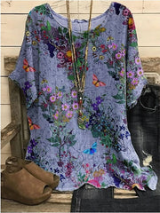 Blouse Print Floral Daily Round Neck T-shirt Sleeve Standard Summer Pink Blue Dark Blue Grey for Women