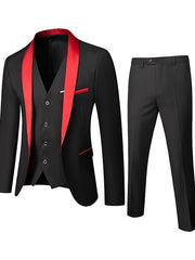 Black Red Burgundy Men's Wedding Party / Evening Tuxedos 3 Piece Solid Colored Standard Fit Single Breasted One-button