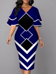 Bodycon Sheath Dress Modern Dress Midi Dress Yellow Wine Royal Blue Half Sleeve Print Ruffle Summer Spring V Neck Stylish S M L XL XXL 3XL 4XL 5XL for Women