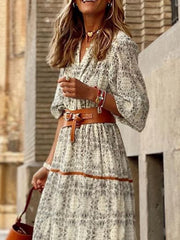 Bohemia Floral V Neck Casual Dress Holiday Dress Swing Dress Long Dress Maxi Dress Khaki Half Sleeve Abstract Ruched Sunmmer Fall Spring Classic Daily Weekend S M L XL XXL 3XL for Women