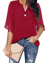 Blouse Button Chiffon Solid Color V Neck Regular Summer Black Light Green Red Red Wine Blue for Women