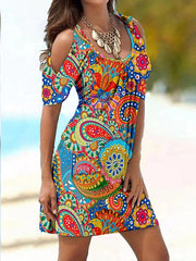 Beach Dress Beach Wear Mini Dress Cold Shoulder Print Hot Romantic Graphic Crewneck Short Sleeve Regular Fit Vacation Going out Yellow Red Summer S M L XL for Women
