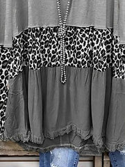 Blouse Gray Leopard Color Block Print Long Sleeve Daily Vacation Basic Casual V Neck Plus Size L for Women