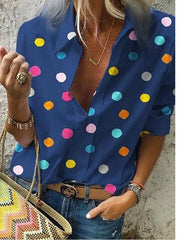 Blouse Button Front Round Dots Regular Spring & Fall Blue Red Grey White for Women
