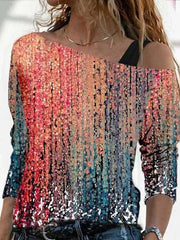 Blouse Black Yellow Red Graphic Sparkly Print Long Sleeve Casual Basic One Shoulder Regular S for Women
