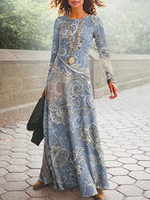 Boho Dress Long Dress Maxi Dress Blue Long Sleeve Geometric Patchwork Winter Fall Crew Neck S M L XL 2XL for Women