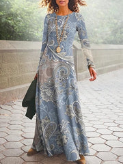 Boho Dress Long Dress Maxi Dress Blue Long Sleeve Geometric Patchwork Winter Fall Crew Neck S M L XL 2XL for Women