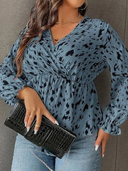 Blouse Blue Graphic Ruched Print Long Sleeve Work Daily Elegant V Neck Plus Size L for Women