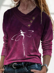 Blouse Black Fuchsia Gray Color Block Button Print Long Sleeve Casual Weekend Basic V Neck Regular S for Women