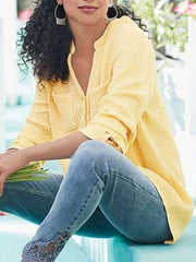 Blouse Black White Yellow Plain Long Sleeve High Neck Regular M for Women