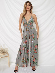 Floral Spaghetti-neck Split Backless Wide Leg Long Jumpsuits