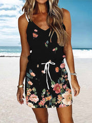 Beach Dress Beach Wear Mini Dress Lace up Pocket Fashion Modern Floral Spaghetti Strap Sleeveless Loose Fit Daily Vacation Black White Summer Spring S M L XL for Women