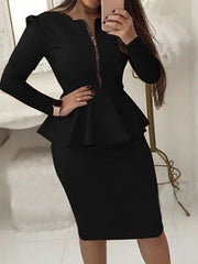Bodycon Sheath Dress Church Dress Midi Dress Black Yellow Red Long Sleeve Pure Color Ruffle Winter Fall Autumn Crew Neck Work Winter Dress Weekend Fall Dress S M L XL XXL for Women