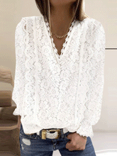 Blouse Casual Solid Lace V-Neck Long Sleeve Blouse for Women