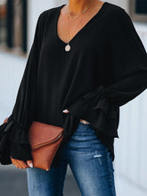 Blouse Solid V-Neck Ruffle Long Sleeve Blouse for Women