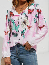 Blouses Butterfly Print V-Neck Button Long Sleeve Blouse for Women