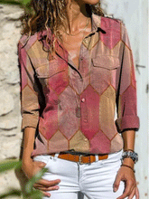 Blouses Casual Printed Lapel Pocket Long Sleeve Blouses for Women