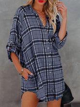 Blouses Check Printed V-Neck Pocket Long Sleeve Blouse for Women