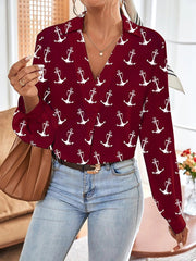 Blouses Collared V Neck Long Sleeve Anchor Printing Blouse for Women