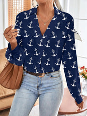 Blouses Collared V Neck Long Sleeve Anchor Printing Blouse for Women