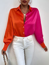 Blouses Colorblock Lapel Button Long Sleeve Blouse for Women